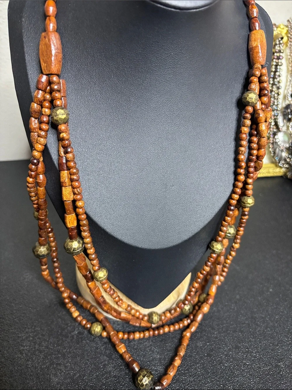 Layered Boho Brown Wooden Bead Necklace with Brass Accents